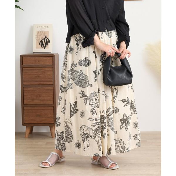 パンツ 綿ボイル エスニックいきもの フレアーパンツ レディース