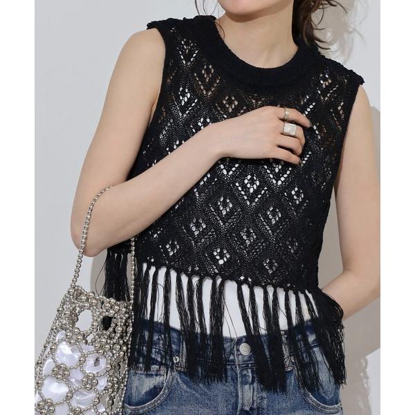 ベスト ジレ 透かし編みフリンジニットベスト レディース