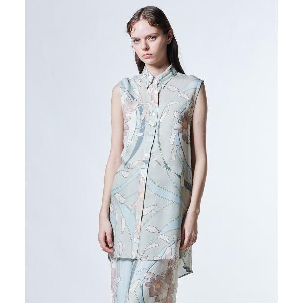 ブラウス シャツ レーヨンフラワープリントノースリーブ レディース