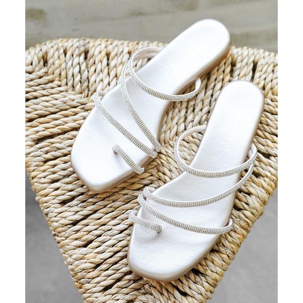 サンダル スクエアトゥ ラインストーンベルト フラットサンダル「日本製」 レディース