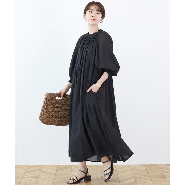 ワンピース 綿ボイルギャザーネックロングワンピース