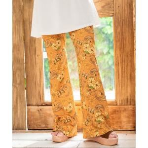 パンツ レトロ フラワー ワッフル フレア 裾メロウ パンツ レディース