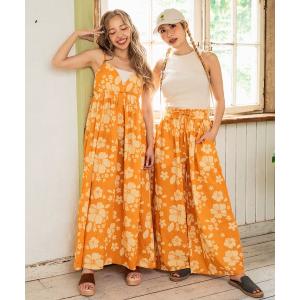 ワンピース リネンライク ハイビスカス柄 キャミソール ロング フレア ワンピース