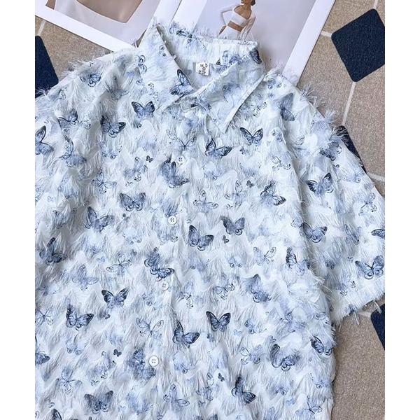 シャツ ABETTOR バタフライ総柄シャギー加工半袖シャツ メンズ レディース