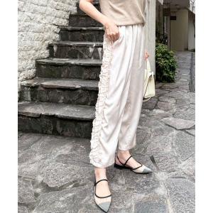 スラックス パンツ ダブルフリルサテンセミワイドパンツ レディース