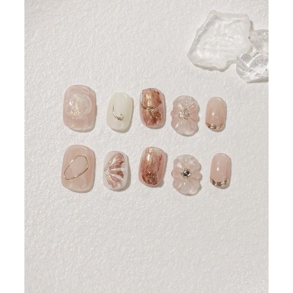 ネイルチップ ネイルシール 3D水光ネイルクリアピンク3Dフラワーゴールドミラーショートラウンドネイ...