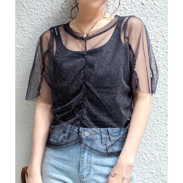 tシャツ ギャザーシャーリングラメシアートップス レディース