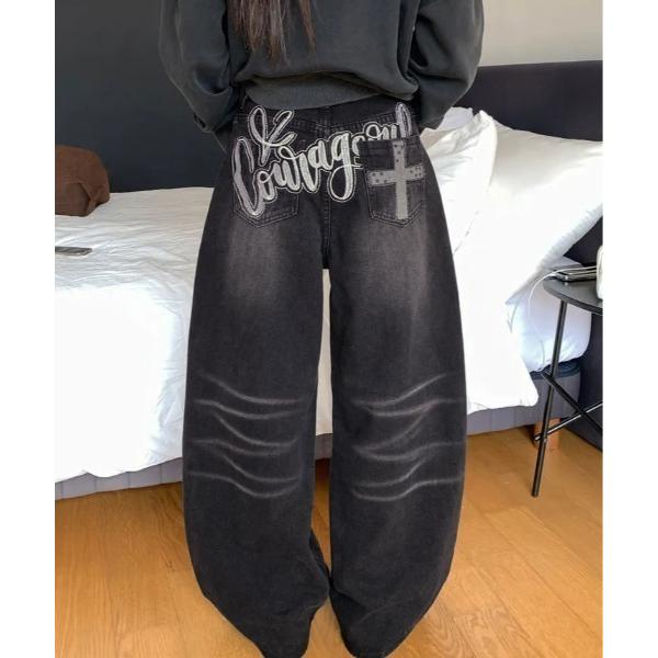 ワイドパンツ ジーンズ デニム デニムパンツ ペイント ロゴ ルーズ ワイド デニムパンツ レディー...