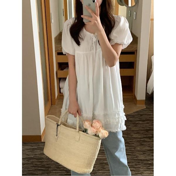 ワンピース ギャザーレースフリルミニワンピース