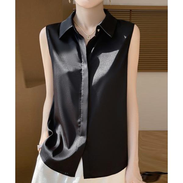 ブラウス シャツ 「大きいサイズ有」きれいめ サテン風 ラウンドヘム ノースリーブ ブラウス レディ...