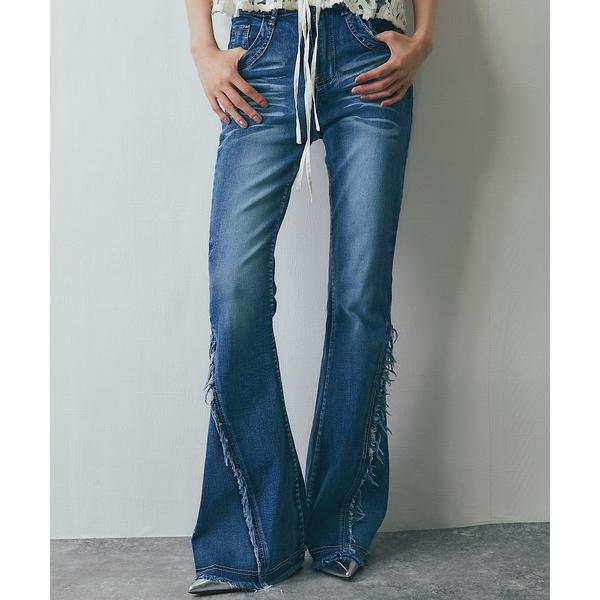 ジーンズ デニム デニムパンツ ストレッチ素材フリンジフレアデニム レディース