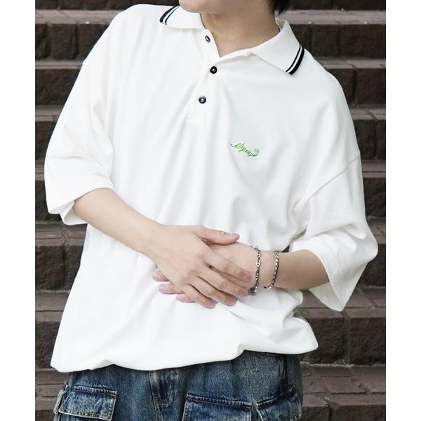 ポロシャツ ビッグシルエット ワンポイント刺繍 ドローコード 半袖切替ポロシャツ カットソー ユニセ...