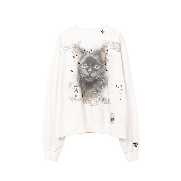 トレーナー スウェット Cat Printed Embellished Distressed Swe...