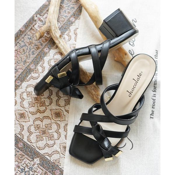 サンダル スクエアトゥ クロスベルト リボン ミュールサンダル「日本製」 レディース