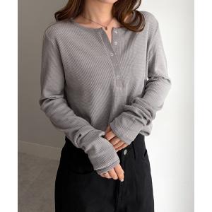 ヘンリーネック tシャツ ヘンリーネックワッフルロングTシャツ レディース