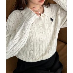 ニット セーター RANAN/solleim別注「U.S.POLO ASSN.」刺繍長袖ケーブルポロニット レディース