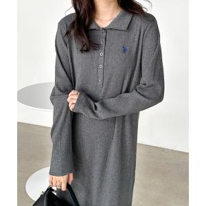 ワンピース RANAN/solleim別注「U.S.POLO ASSN.」 ポロ衿長袖リブワンピース