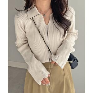 ポロシャツ ポロ 配色ライン襟付きリブポロニット レディース