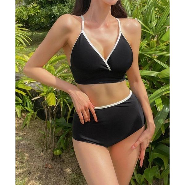 水着 バイカラ―ラインポインハイウエストビキニ レディース