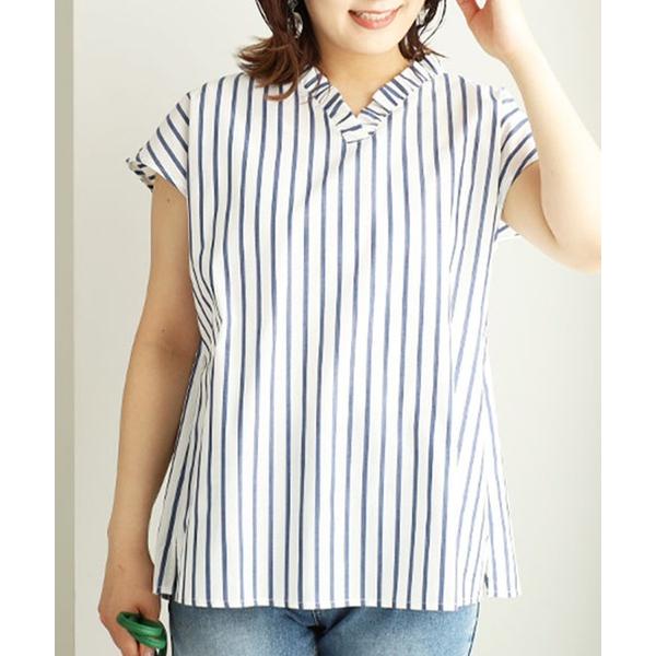 ブラウス シャツ 衿フリルデザインストライプブラウス レディース