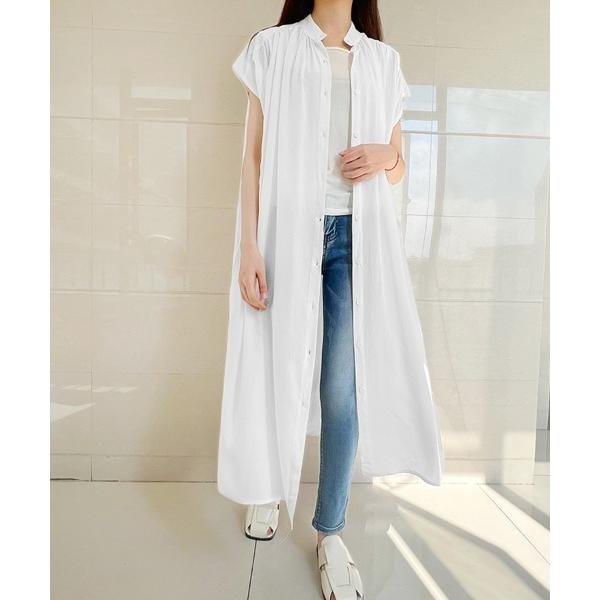 シャツワンピース ギャザーロングシャツワンピース