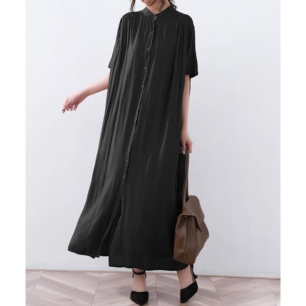 シャツワンピース スタンドカラーロングワンピース