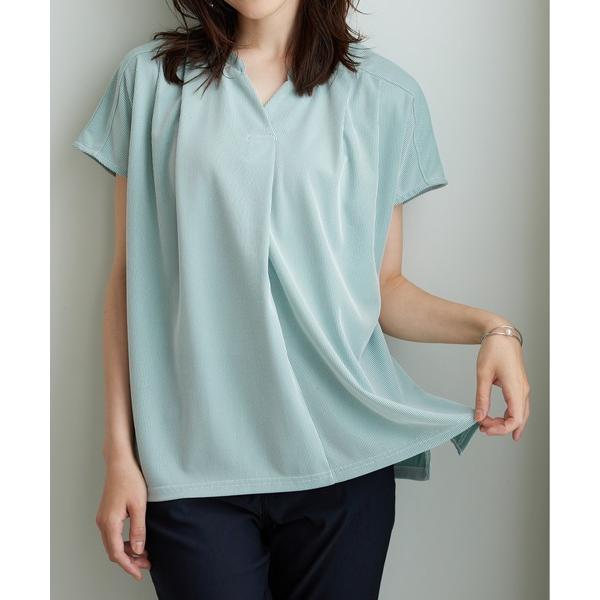 ブラウス シャツ タック使いストライプ柄スキッパーブラウス レディース