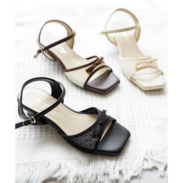 サンダル スクエアトゥ グログランリボン付き チュール ミュールサンダル「日本製」 レディース