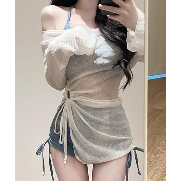 水着 「SETUP7」水着 ブルー タイダイ スプリット ビキニ カバーアップ 3点セット KNF1...