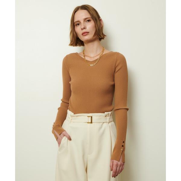 ニット セーター 袖釦Vネックプルオーバー レディース