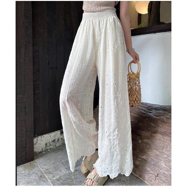 パンツ 刺繍レースワイドパンツ レディース