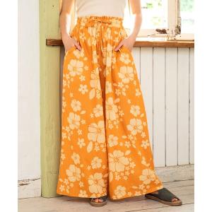 パンツ リネンタッチ ハイビスカス柄 リゾート ワイド パンツ レディース