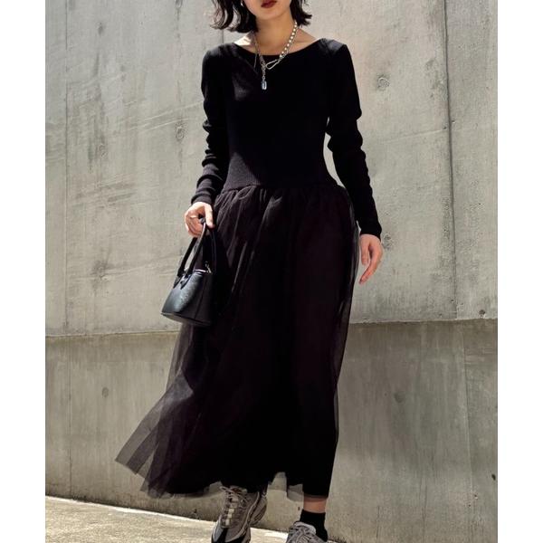 ワンピース rib knit volume tulle one-piece