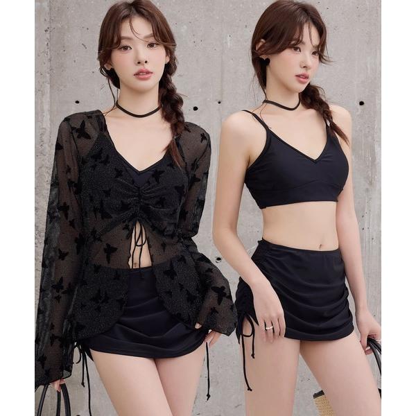 水着 レディース水着 長袖ラメ入りシアードロストブラウス+ドレープ風ドロストスカート+ビキニ 4点セ...