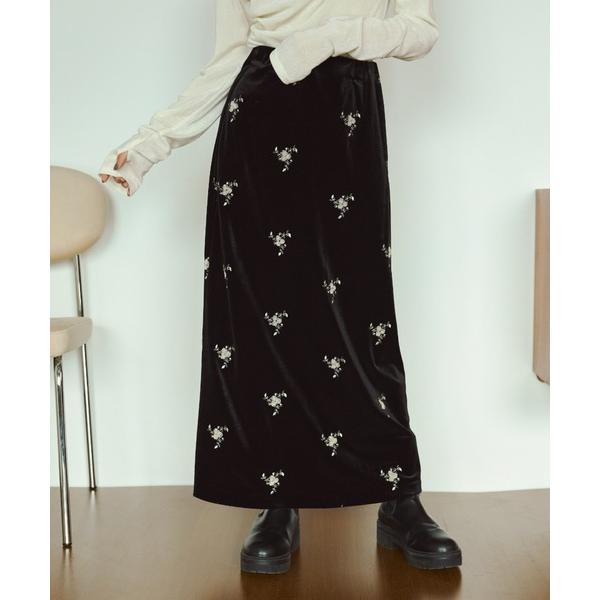 スカート フラワー刺繍ベロアナロースカート