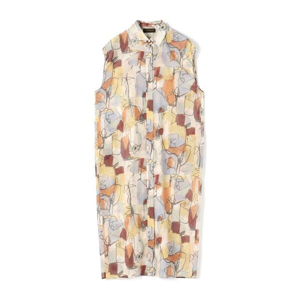 シャツワンピース オイルペイントプリント ギャザースリーブワンピース