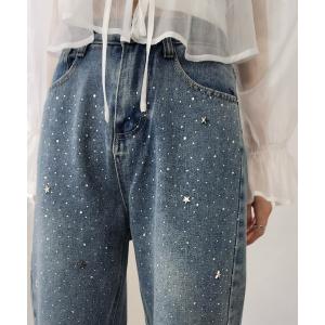 ジーンズ デニム デニムパンツ ジルコン+星スタッズのデニムロングパンツ レディース
