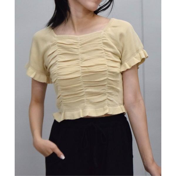 tシャツ 「＆soiree」スクエアネック半袖ニットプルトップス レディース