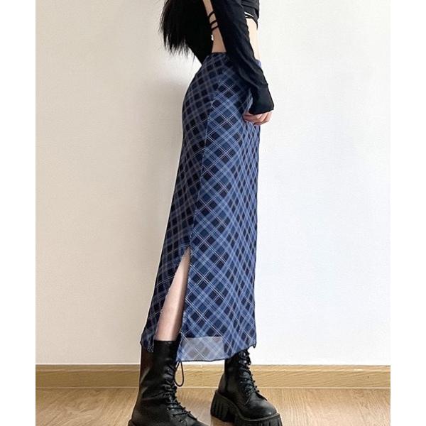 スカート バイアスチェック柄サイドスリット入りロングスカート