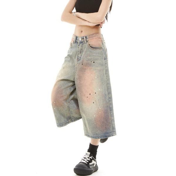 ジーンズ Half denim pants with paint-repellent design/...