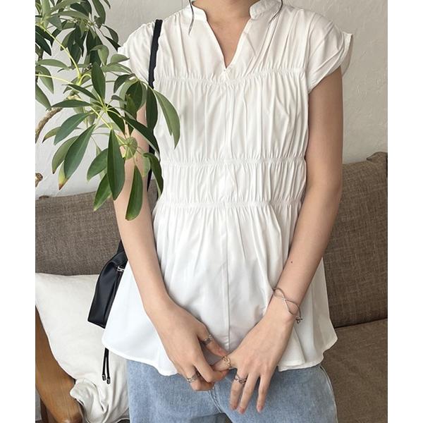 ブラウス シャツ ギャザーノースリーブブラウス レディース