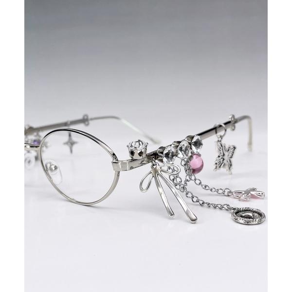 伊達メガネ メガネ 眼鏡 レトロ ビジュー デコレート オーバル シルバー フレーム ギークシック ...