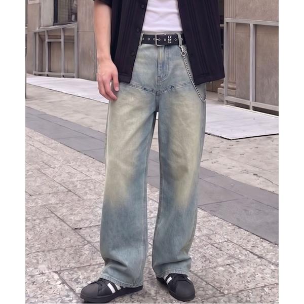 ワイドパンツ ジーンズ ヴィンテージ加工デニムバギーパンツ/シームポケット/デニムワイドパンツ メン...