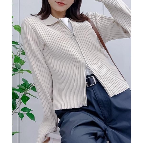 ニット セーター 「＆soiree」Wジップ襟付き長袖リブニットトップス レディース