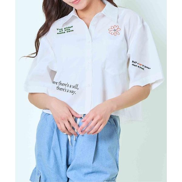 ブラウス シャツ 「クロップ丈×刺繍アクセント」レディース 半袖シャツ ストライプ 無地 春夏秋 レ...