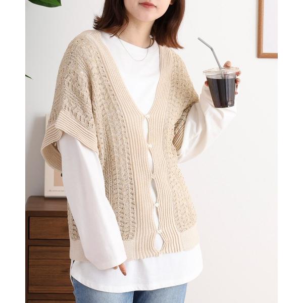 ベスト ジレ 透かし編みラメニットベスト レディース