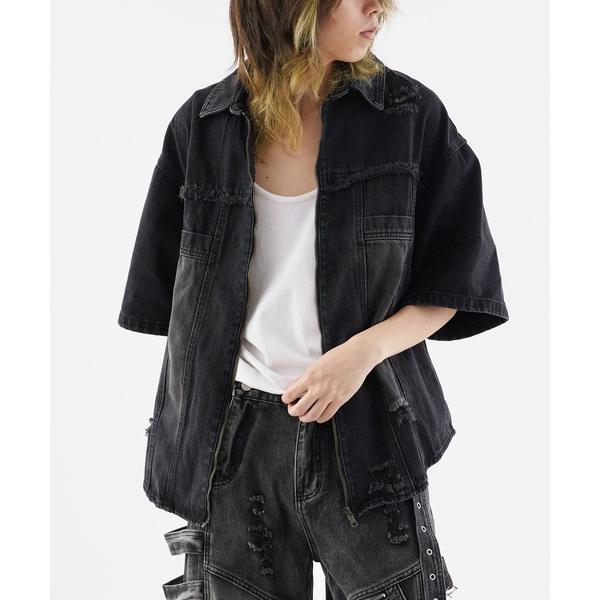 デニムジャケット gジャン Damaged Short-Sleeved Denim Jacket /...