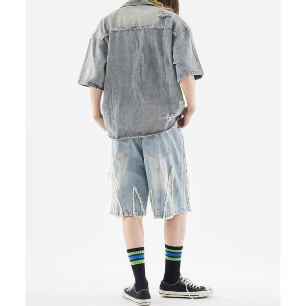 ジーンズ Crushed denim half pants/フリンジデニムハーフパンツ メンズ レデ...