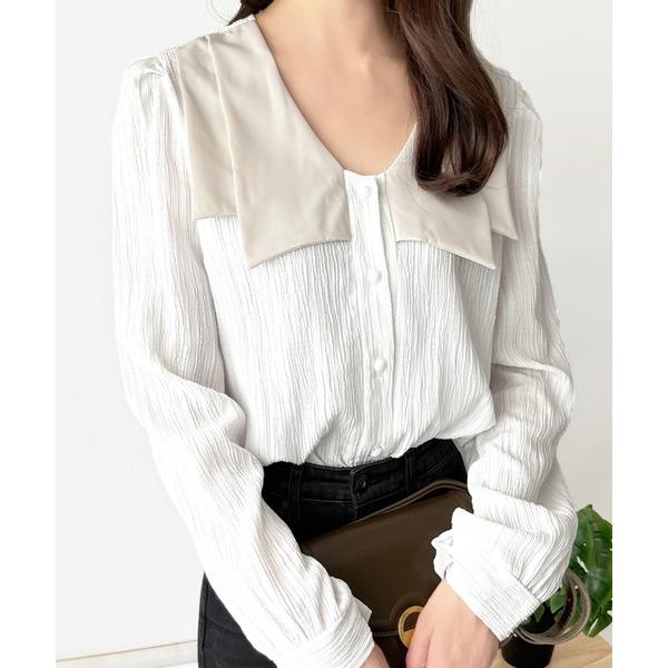 ブラウス シャツ ナチュラルな風合いで着映える　シワ加工セーラーカラーブラウス レディース