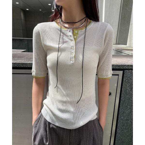 シアーリブヘンリーネックトップス レディース